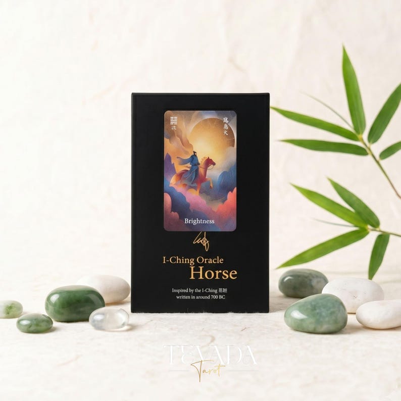 I-Ching Oracle: Horse Edition — a 64-card oracle deck fusing I-Ching divination with Three Kingdoms legends, featuring gold gilt edges and premium 400gsm matte-finish cards.