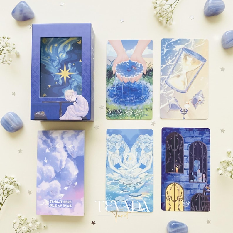 Starlit Gleanings Tarot with cute anime style watercolor art for intuitive divination and healing guidance.