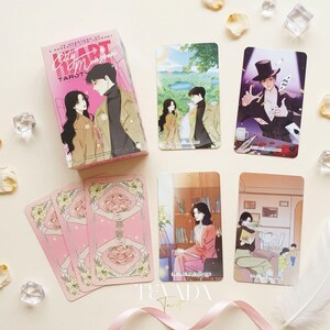 Heart City Monsoon Tarot PINK Edt vintage Manhwa style Indie Tarot Deck with pink holographic edges for love readings.