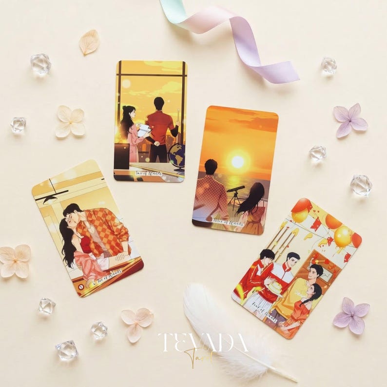 Heart City Monsoon Tarot PINK Edt vintage Manhwa style Indie Tarot Deck with pink holographic edges for love readings.