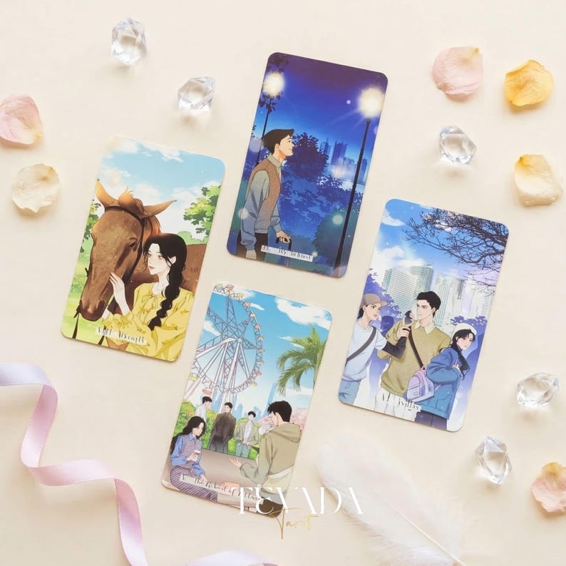 Heart City Monsoon Tarot PINK Edt vintage Manhwa style Indie Tarot Deck with pink holographic edges for love readings.