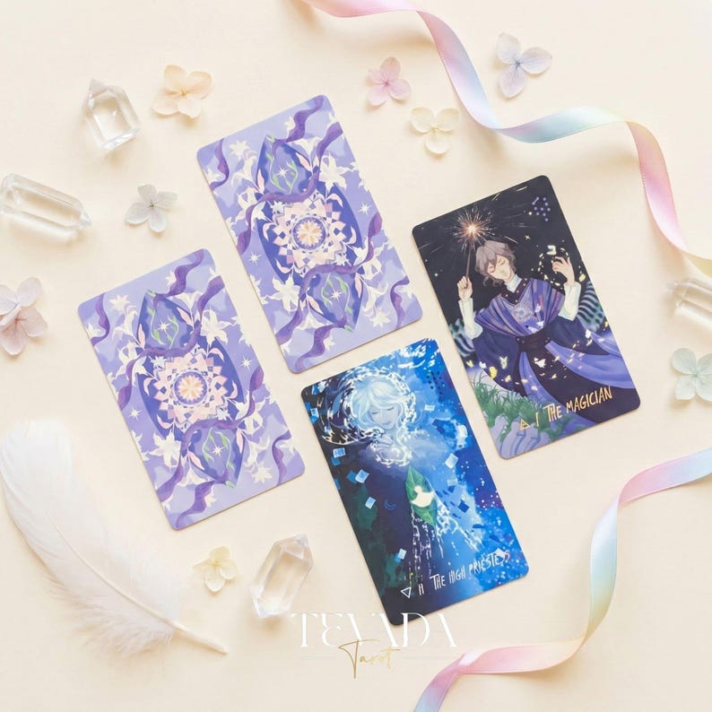 Starlit Gleanings Tarot with cute anime style watercolor art for intuitive divination and healing guidance.