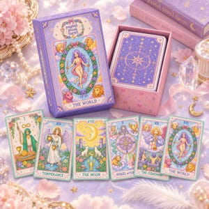 May include: A Pastel Pixel Tarot deck featuring a purple box with The World card illustration, an open box containing a deck with a star-patterned back, and six individual tarot cards: The Magician, Temperance, The Moon, Wheel of Fortune, Judgement, and The World.