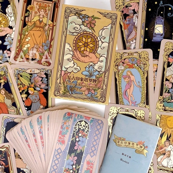 Retro Impression Tarot II-Vintage-Inspired Art Nouveau Luxury Golden Edges Deck-Unique Indie Tarot Deck for Beginners