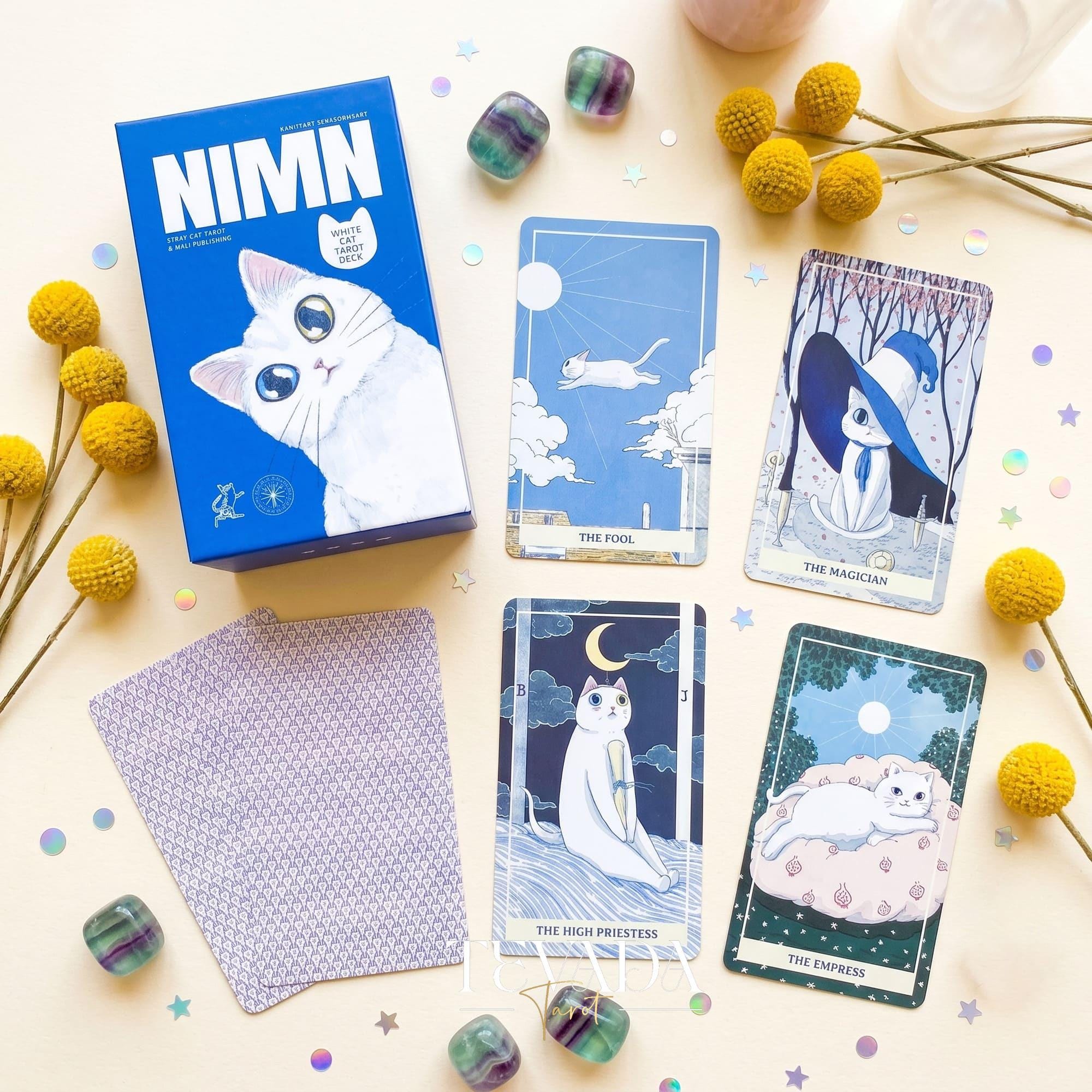 Nimn White Cat Tarot Deck: Adorable Animal Cartoon With Silver