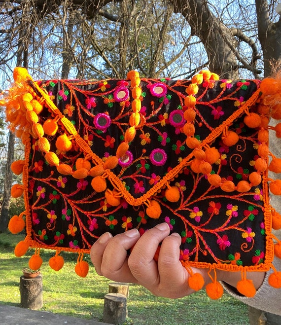 handmade black orange clutch / sling bag for women light weight with multicolour Embroidery with lace and handmade sling clutch / purse