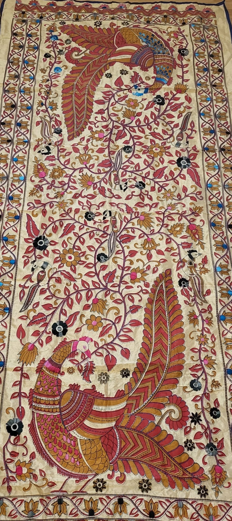 White - Tussar Silk Handloom Block Printed Bengal Hand Kantha Work Dupatta 20