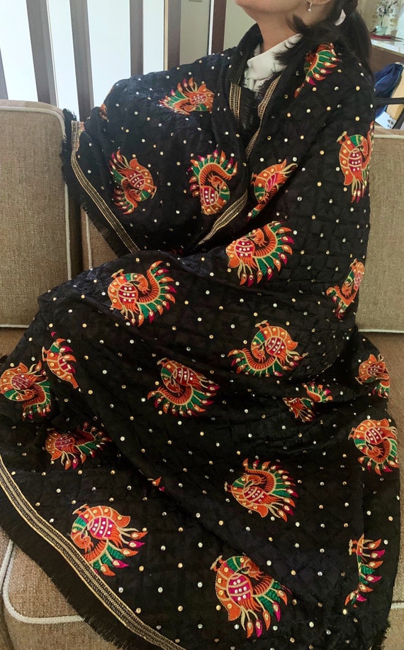 Traditionally made elegant black Phulkari with multicolour peacock