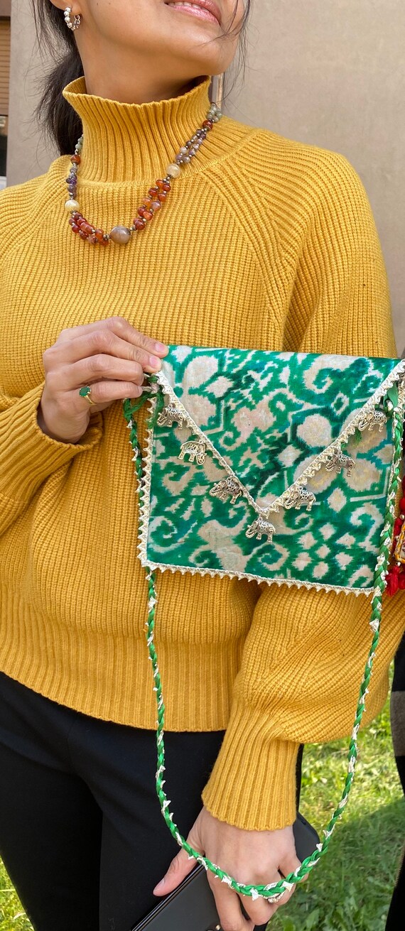 Handmade women bag /sling bag clutch green with beige cotton cloth silver gotta lace with metal elephant ornaments