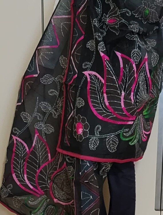 Hand Embroidered black colour In cotton  fabric Kantha Scarf/dupatta very elegant and beautiful with floral kantha embroidered work