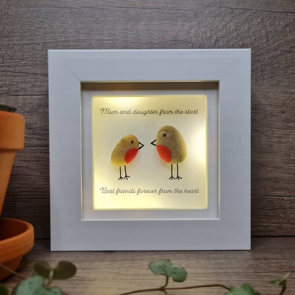 Mothers day gift. Mother daughter gift. Box frame with LIGHTS. pebble art framed.'mum and daughter,best friends forever' stone robins birds