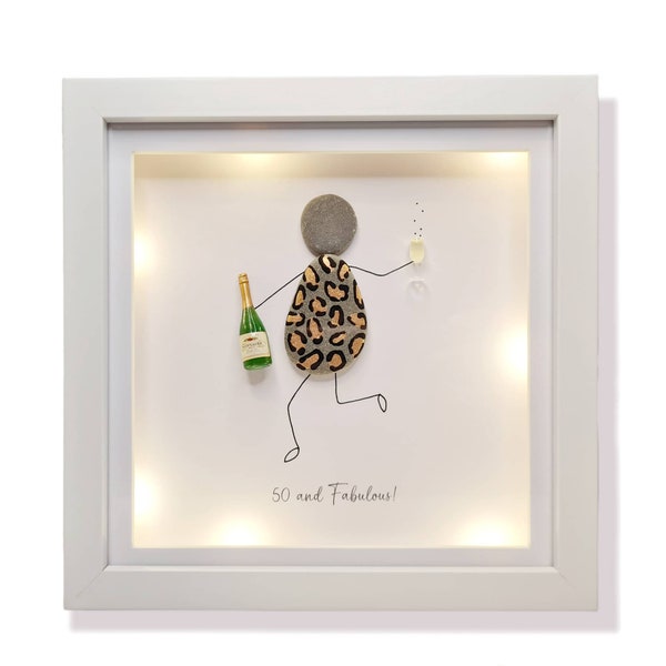 50th Birthday Gift For Woman. Pebble Art Friends. Box Frame Picture Pebble Art Family With Lights. Leopard Animal Print, Champagne Prosecco.
