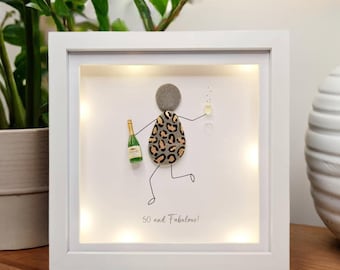 50th Birthday Gift For Woman. Pebble Art Friends. Box Frame Picture Pebble Art Family With Lights. Leopard Animal Print, Champagne Prosecco.