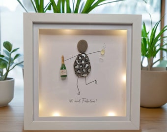 Gift for a 40th birthday gift for friend. Friend gift.Framed pebble art family + lights. Leopard print gifts. champagne prosecco