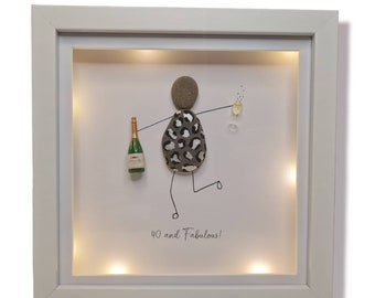 Pebble art friends 40th birthday gift for friend.Box frame pebble art family + lights.Silver leopard animal print dress,champagne prosecco