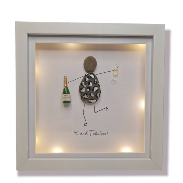 Pebble art friends 40th birthday gift for friend.Box frame pebble art family + lights.Silver leopard animal print dress,champagne prosecco
