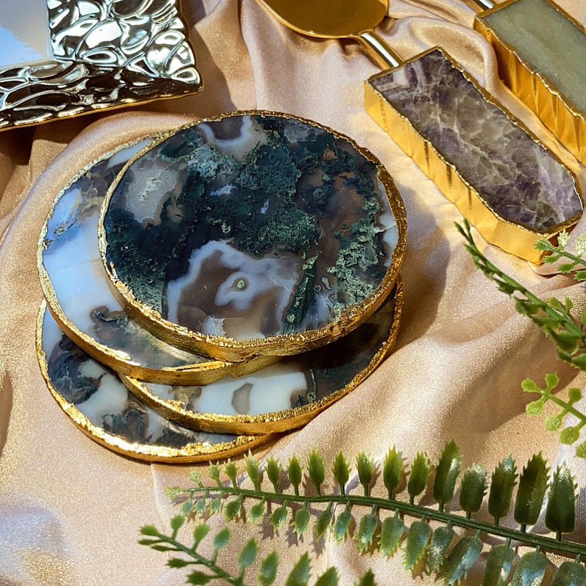 Moss Agate Coaster Set Etsy