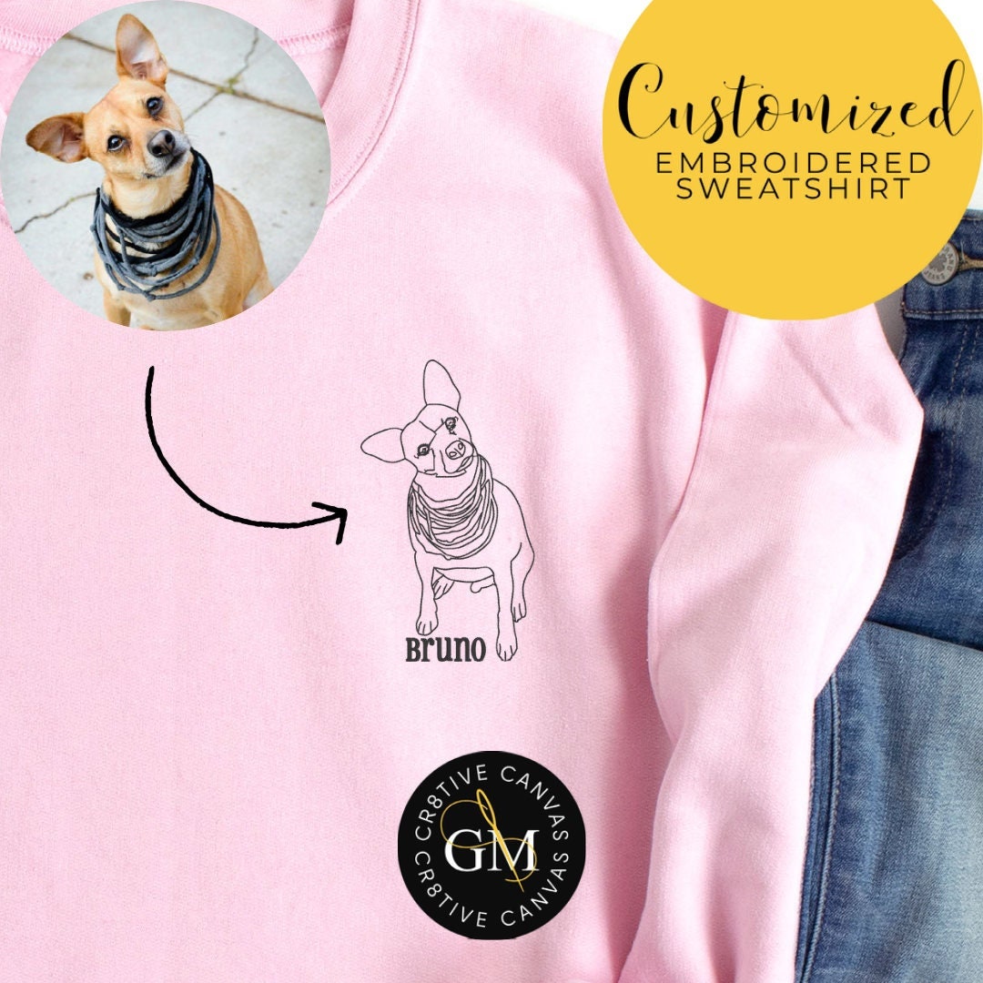 PET - Embroidered Custom Line Art Crewneck Sweatshirt, Dog Mom Gift, Dog Mama, Custom Pet Photo Sweatshirt, Dog Lover Gift