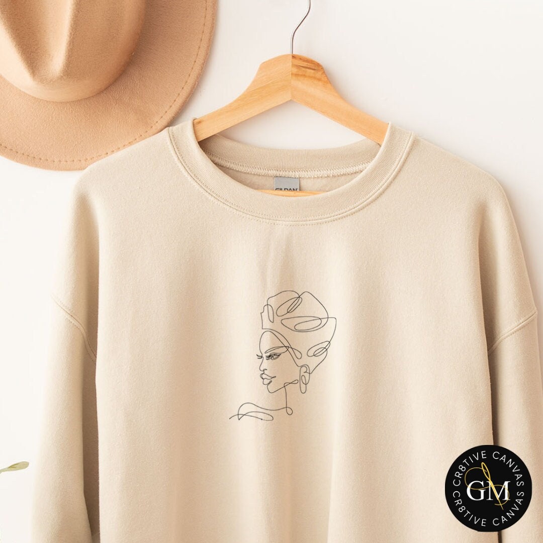 Beautiful African American Woman with Turban, Face, Line Drawing, Face Line, One Line Art, Modern Shirt, Minimalism, Sweatshirts