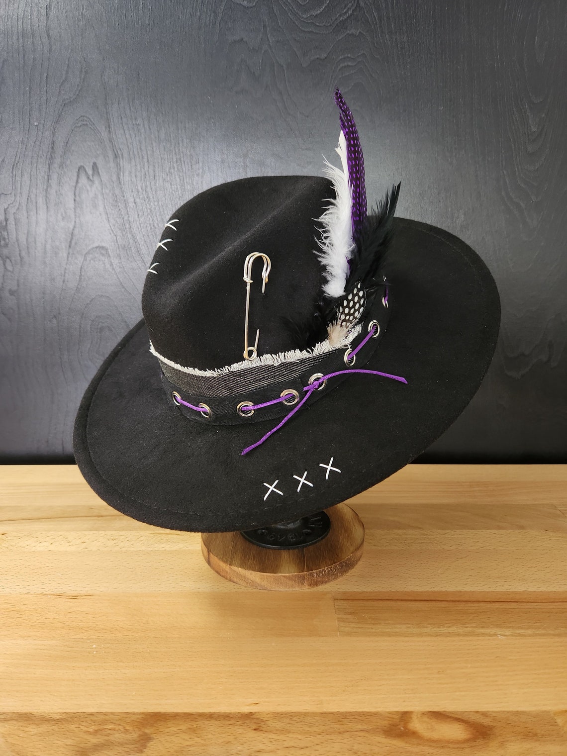 Black Denim Fedora Hat With Feathers Etsy Canada