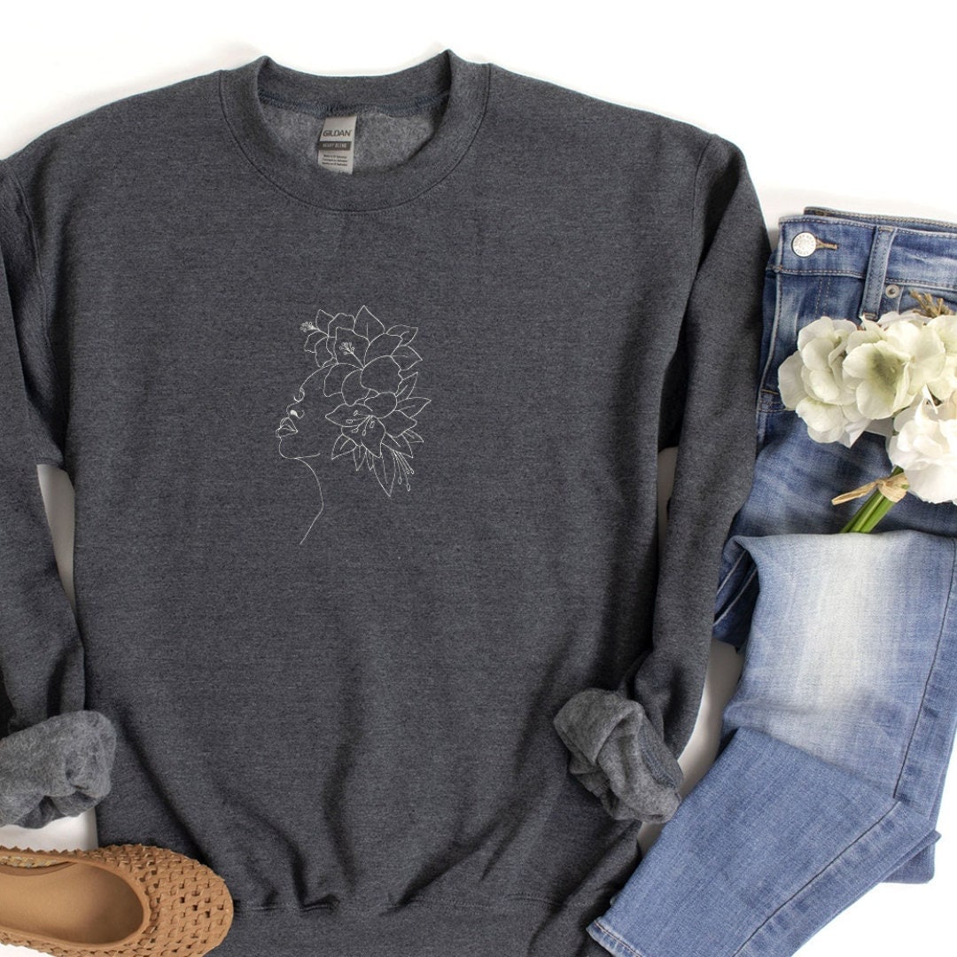 Beautiful African American Woman with Floral Crown, Face, Line Drawing, Face Line, One Line Art, Modern Shirt, Minimalism, Sweatshirts