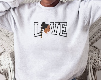 Beautiful Black Love Woman with Ponytail Crewneck Sweatshirt | Ponytail | Modern Sweatshirt | Trendy | Sweatshirts | Crewneck