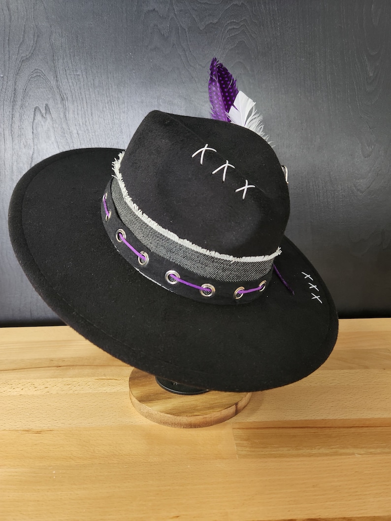 Black Denim Fedora Hat With Feathers Etsy Canada
