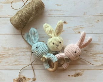 Bunny Crochet Rattle / Baby rattle toy/ gift for baby/ Wood rattle toy/ baby keepsake/ bunny baby toy/ new mom gift/ gender reveal gift
