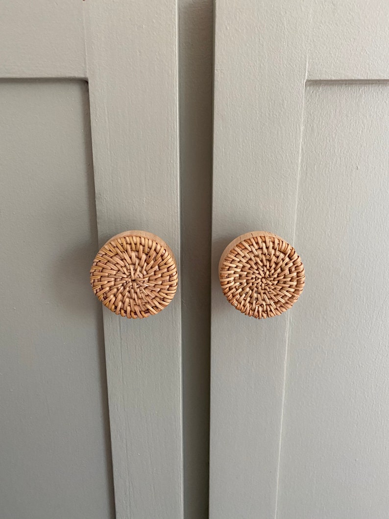 Wicker Wooden Rattan Boho Drawer Pull Door Knob Natural Home Etsy