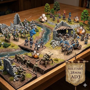 May include: A detailed diorama depicting a military battle scene with miniature soldiers, horses, cannons, and buildings. The scene includes a river, bridge, and explosions. The banner reads "MILITARY 28MM AD3".