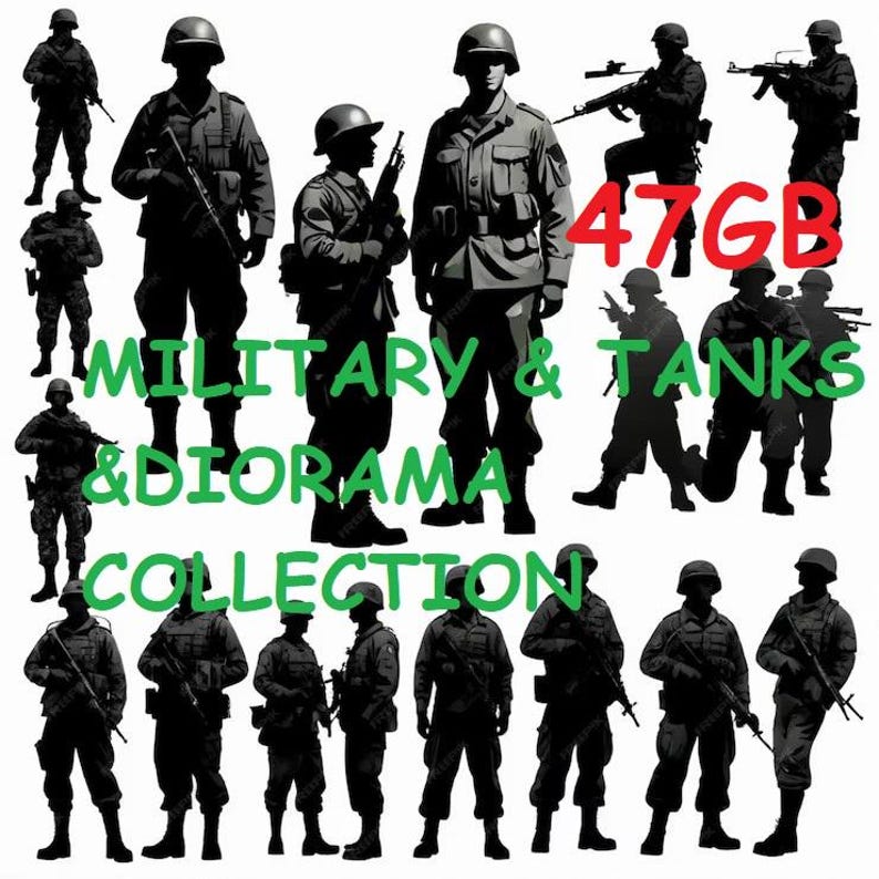 Puede incluir: Siluetas de soldados en varias poses, algunos sosteniendo rifles, otros de pie en posici&oacute;n de firmes. El texto "47GB MILITARY & TANKS & DIORAMA COLLECTION" se muestra en letras verdes.