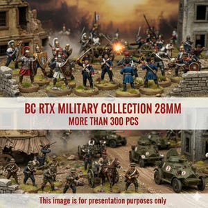 Può includere: Una collezione di miniature di figure militari, tra cui soldati in varie uniformi e pose, insieme a carri armati e artiglieria. Il testo sull'immagine recita "BC RTX MILITARY COLLECTION 28MM PIÙ DI 300 PCS". L'immagine è solo a scopo di presentazione.