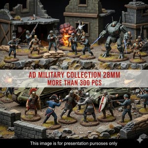 Puede incluir: Una colección de figuras militares en miniatura y vehículos, incluyendo soldados, tanques y un robot. La escena está ambientada en un entorno devastado por la guerra con edificios y terreno. El texto en la imagen dice "AD MILITARY COLLECTION 28MM MORE THAN 300 PCS".