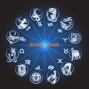 May include: A white zodiac wheel with the twelve signs of the zodiac, including Aries, Taurus, Gemini, Cancer, Leo, Virgo, Libra, Scorpio, Sagittarius, Capricorn, Aquarius, and Pisces. The wheel is set against a dark blue background with white stars.