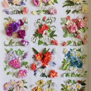 12 Month Flowers Silk Ribbon Embroidery Kit With Tutorial Video For Beginner Home Decor ilk Ribbon Embroidery and Stumpwork Gift for Mom