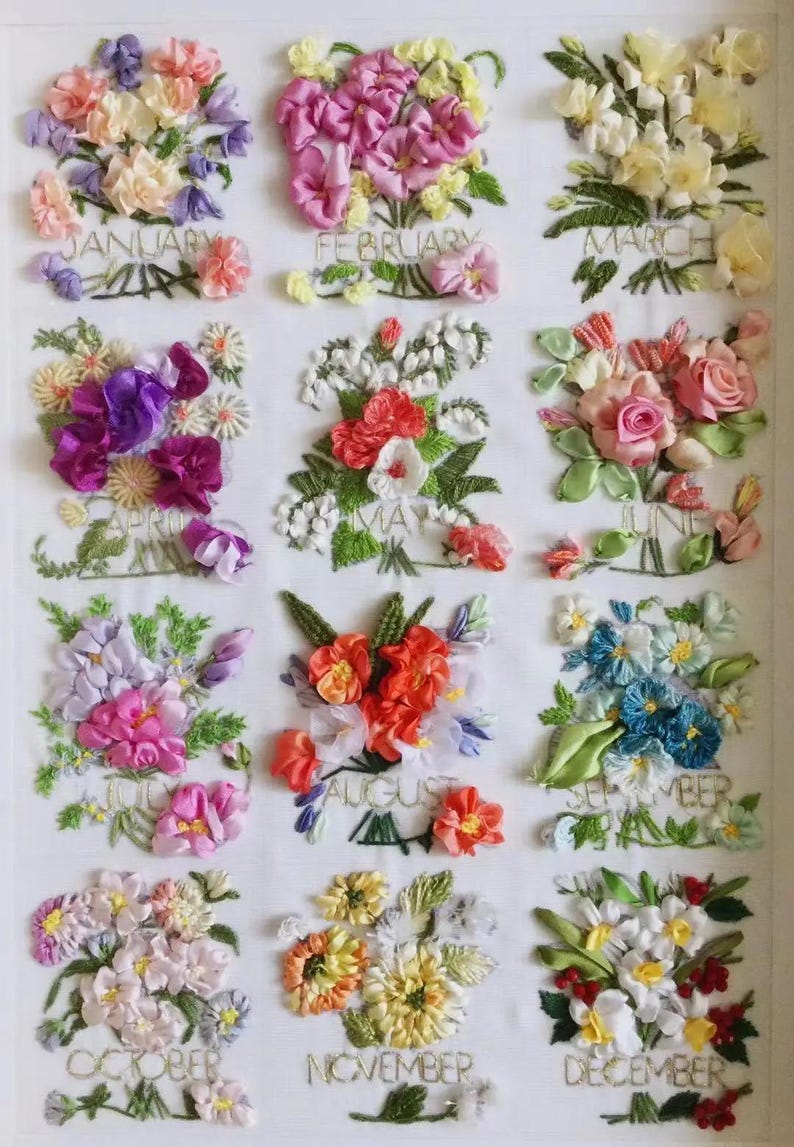 12 Month Flowers Silk Ribbon Embroidery Kit With Tutorial Video for ...