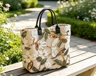 Handtasche aus Leinen mit Blumenmuster und Perlenstickerei, Henkeltasche aus Leinen mit Blumenmuster und Perlenstickerei, lässig-elegante Handtasche