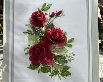 3D Organza Burgund Rosen Band Stickerei Kit für Anfänger mit Video Video Schritt für Schritt