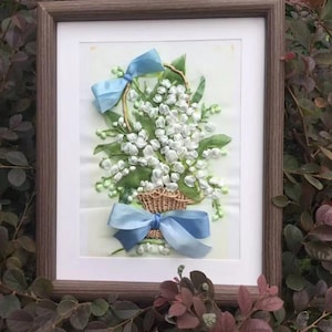 Ribbon Embroidery Kit “Basket of Lily Of The Valley” For Beginner. Easy Ribbon Emboridery with detail color stitch guide book and Tutorial
