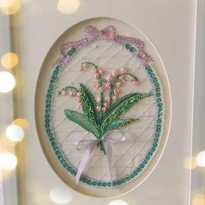Tambour Embroidery “Lily Of The Valley” and starter kit and frame for beginner with detail color stitch guide and tutorial video