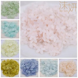 Puede incluir: Una colección de pequeñas lentejuelas con forma de flor de cinco pétalos en varios colores pastel translúcidos, incluidos rosa, verde claro, azul, amarillo y blanco. La imagen presenta el texto MO YAN en la esquina superior derecha.
