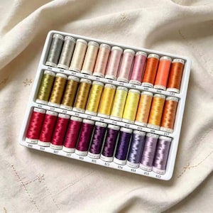 Könnte beinhalten: Ein weißes Kunststofftablett mit dreißig Stickgarnspulen in drei Reihen. Die Spulen zeigen einen Farbverlauf in Grau, Beige, Rosa, Orange, Gelb, Rot, Magenta, Violett und Lavendel, wobei jede Spule mit einer Nummer versehen ist.