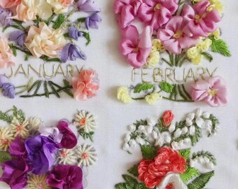 12 Month Flowers Silk Ribbon Embroidery Kit With Tutorial Video