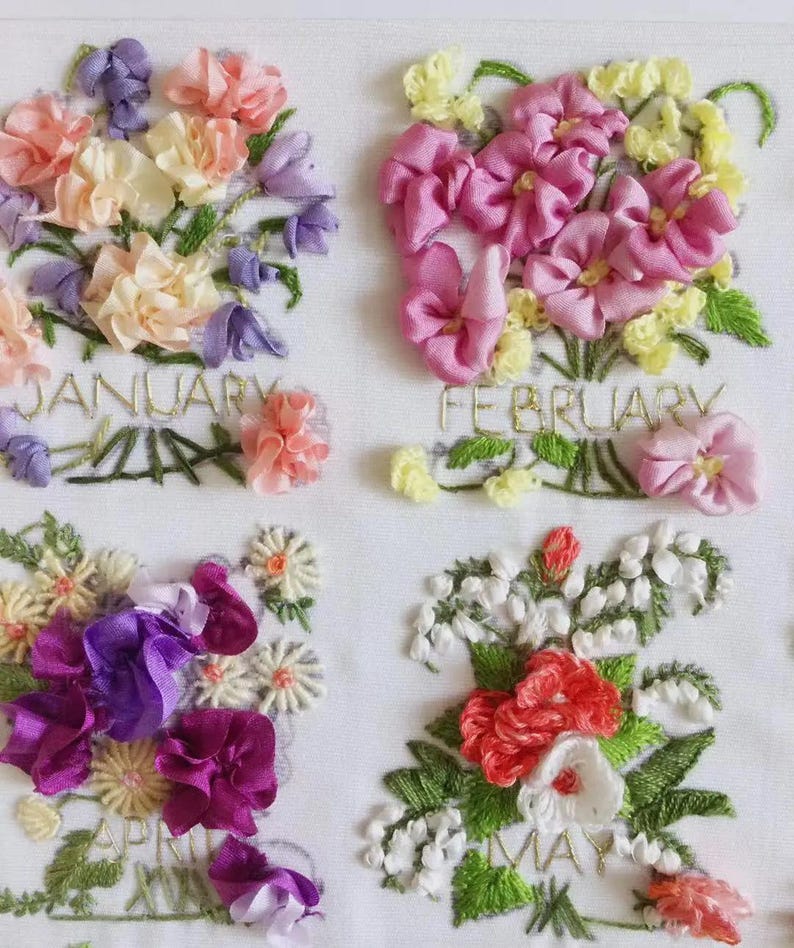 12 Month Flowers Silk Ribbon Embroidery Kit With Tutorial Video for ...