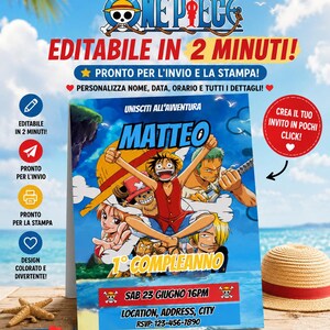 Può includere: Un invito di compleanno colorato con personaggi della serie anime One Piece. L'invito include il testo "EDITABILE IN 2 MINUTI!" e "1° COMPLEANNO". Il design è ambientato su uno sfondo di spiaggia.