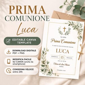 Può includere: Un modello di invito digitale per la Prima Comunione, con il nome "Luca". Il design include elementi floreali, una croce e il testo "Prima Comunione". L'invito è disponibile in PDF e PNG, modificabile in Canva.