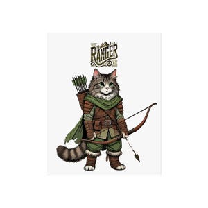 DnD Ranger Cat Dungeons & Dragons Fine Art Poster, kwaliteit muurdecoratie, Fantasy Kitty Art Print, uniek interieur, geeky muurkunst