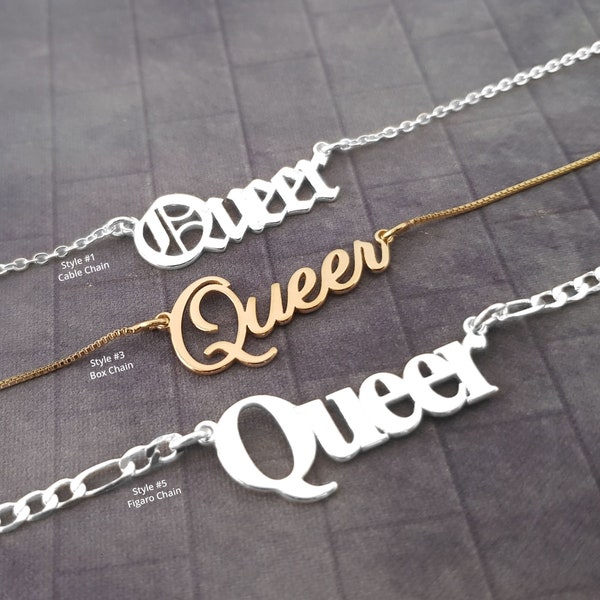 Collier queer, collier nom queer, pendentif queer, collier plaque signalétique de fierté, bijoux de fierté, collier genderfluid, cadeaux queer, collier NB