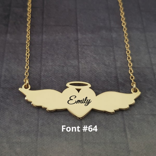 Angel Heart Name Necklace, Heart With Wings Name Necklace, Personalized Nameplate Necklace, Angel Name Necklace, Custom Necklace With Name