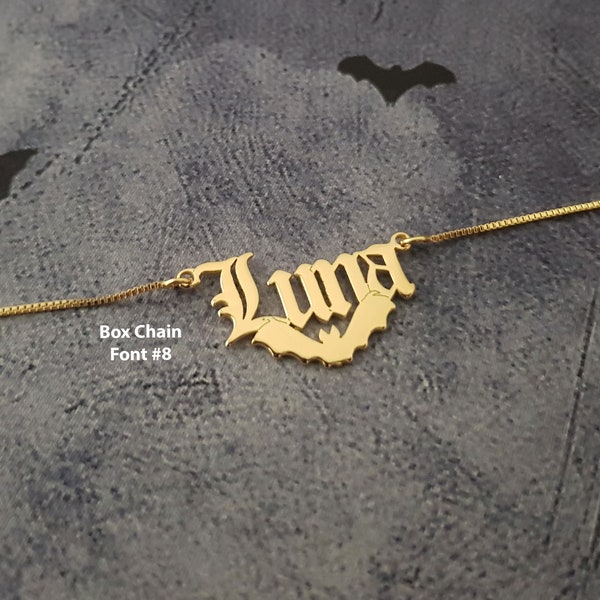 Bat Name Necklace, Personalized Bat Jewelry, Name Pendant With Bat, Custom Vampire Bat Name Pendant, Silver Bat Name Necklace Halloween 2023